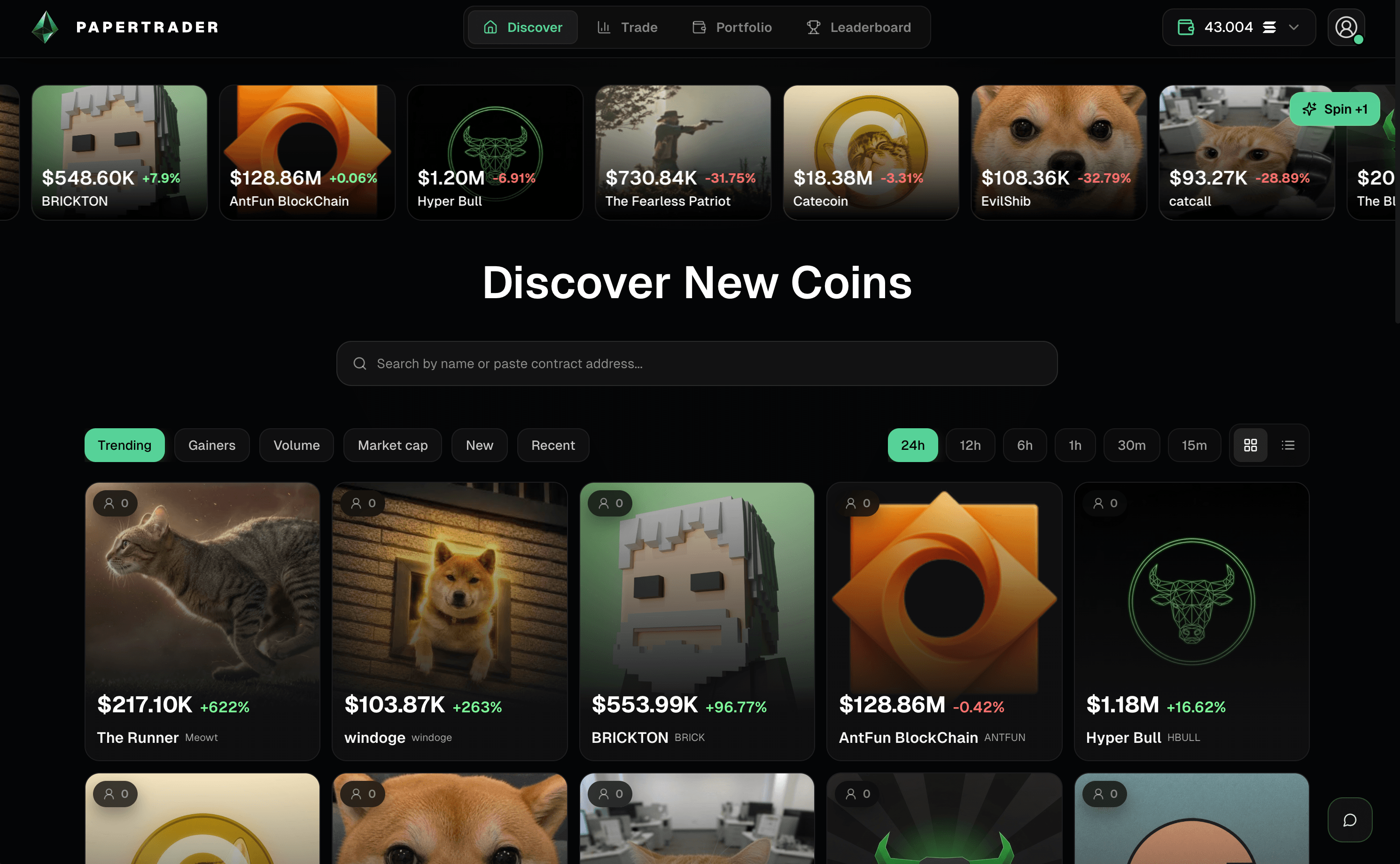 PaperTrader live Solana coin discovery screen